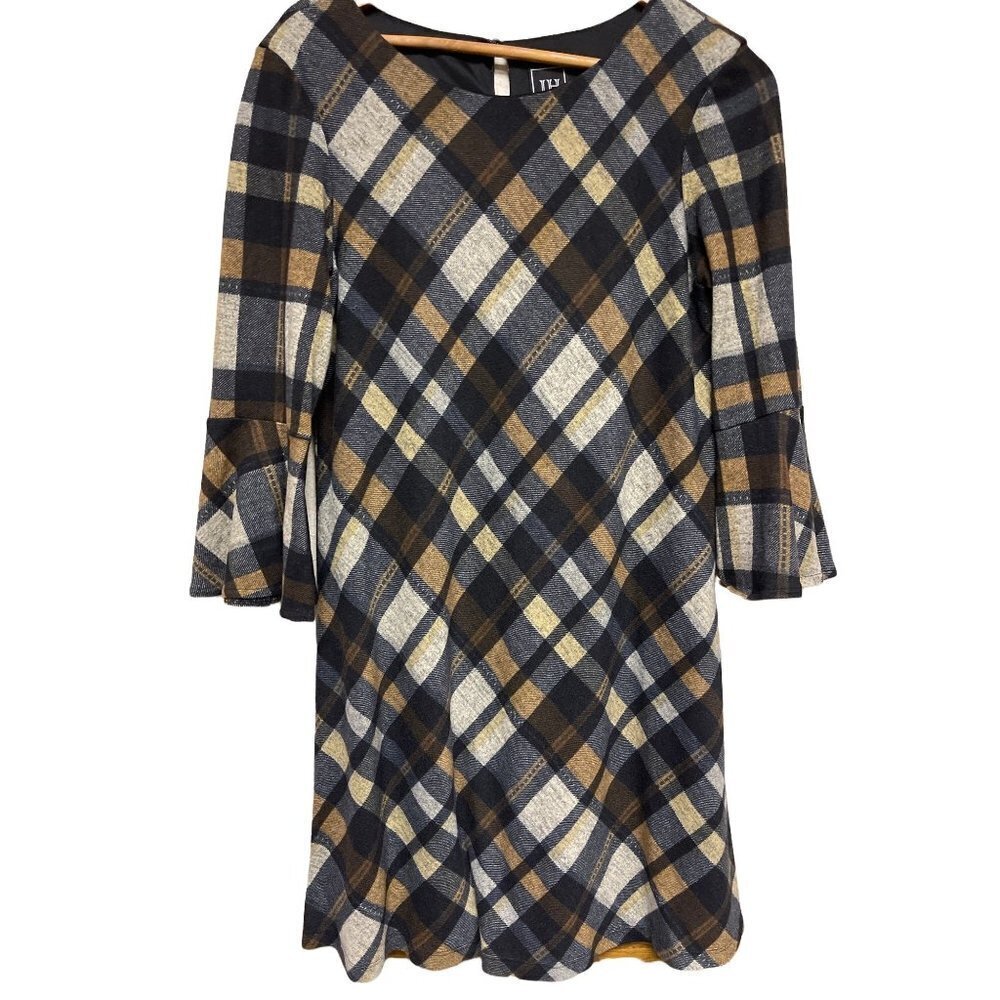 JH Plaid Ruffle 3/4 Sleeve Plaid Lined Dress Women's Size Medium